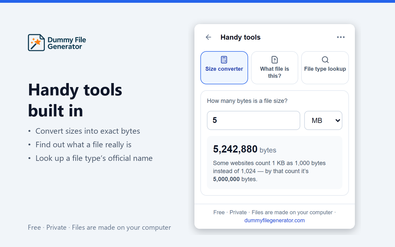 Built-in size converter showing that 5 MB is 5,242,880 bytes, or 5,000,000 in decimal units