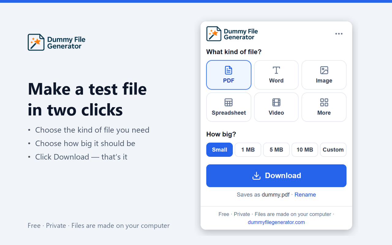 Dummy File Generator extension popup: choose a file type such as PDF, Word or Image, choose a size, click Download