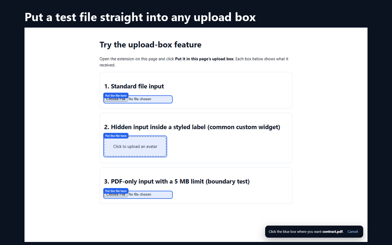 The extension highlighting every upload box on a web page so you can drop a generated test file into one